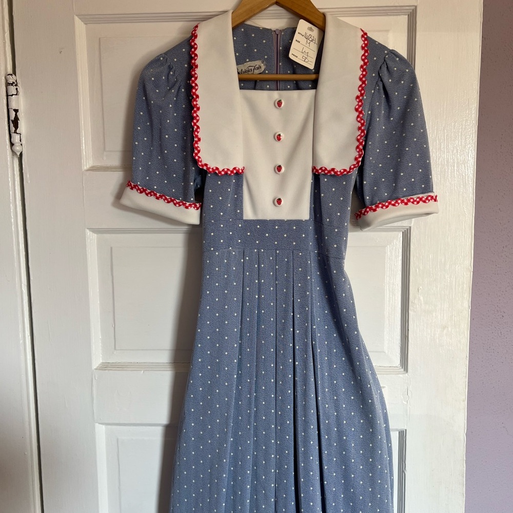 Vintage Blue Polka Dot Strawberry Button Dress with Red Accents size M